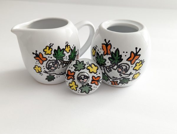 Sloth Tea Set Cream and Sugar Dishes Hand-Painted Ceramic